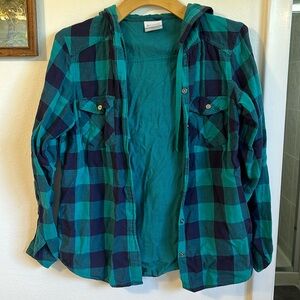 Columbia plaid button up hooded outdoor shirt